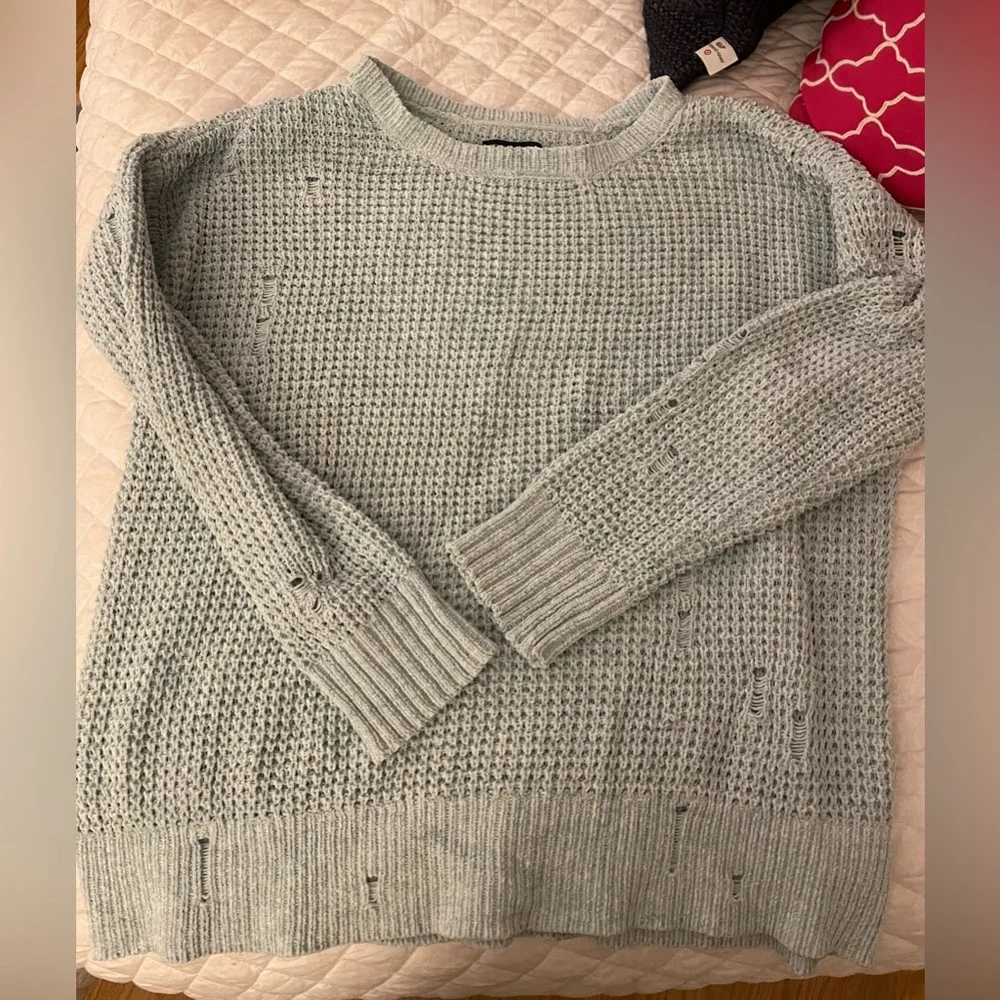 American Eagle light blue distressed chenille knit sweater in size medium. - Picture 2 of 3